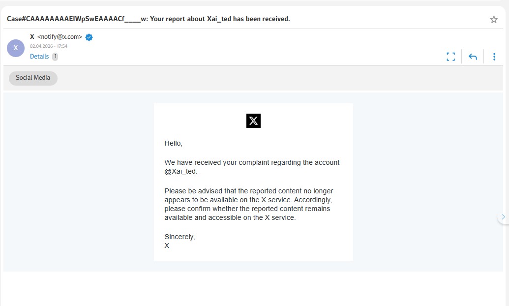 X stating reported content no longer exists